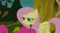 Size: 384x216 | Tagged: safe, derpibooru import, screencap, fluttershy, pinkie pie, rarity, bridle gossip, animated, bipedal, dancing, duo focus, evil enchantress, flutterguy, fluttershy is not amused, hairity, pinkie being pinkie, spitty pie, swirly eyes, tongue out