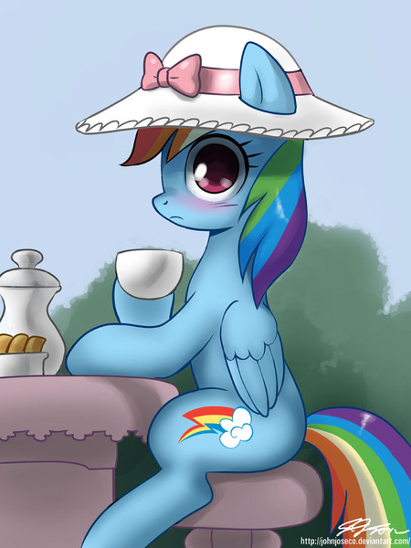 Size: 700x933 | Tagged: safe, artist:johnjoseco, derpibooru import, rainbow dash, pegasus, pony, awkward, awkward moment, blushing, caught, cloche hat, cutie mark, dressup, embarrassed, fancy, female, flank, funny, hat, mare, rainbow dash always dresses in style, signature, sitting, solo, tea, tea party, teacup, wings