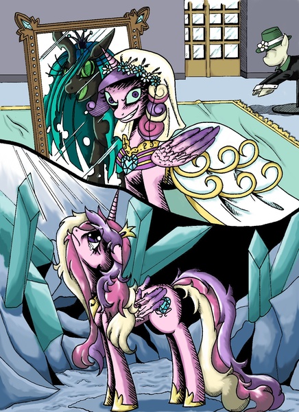 Size: 1271x1751 | Tagged: safe, artist:crazydiary86, derpibooru import, princess cadance, queen chrysalis, alicorn, changeling, changeling queen, pony, a canterlot wedding, clothes, crystal caverns, disguise, disguised changeling, dress, duo, duo female, evil grin, fake cadance, female, grin, image, jpeg, looking at you, looking up, mannequin, mare, messy mane, mirror, open mouth, reflection, sad, slit eyes, smiling, teary eyes, this day aria, wedding dress