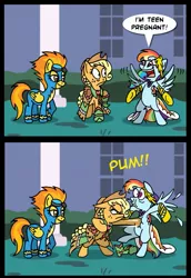 Size: 547x794 | Tagged: semi-grimdark, artist:niban-destikim, derpibooru import, edit, applejack, rainbow dash, spitfire, earth pony, pegasus, pony, abortion, abuse, bipedal, clothes, comic, dark comedy, dashabuse, dress, exploitable meme, female, gala, gala meme, mare, meme, pregnant