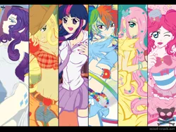 Size: 1600x1200 | Tagged: applejack, artist:mind-crash, belly button, breasts, clothes, derpibooru import, dress, fluttershy, front knot midriff, humanized, mane six, midriff, pinkie pie, rainbow dash, rarity, skirt, suggestive, twilight sparkle