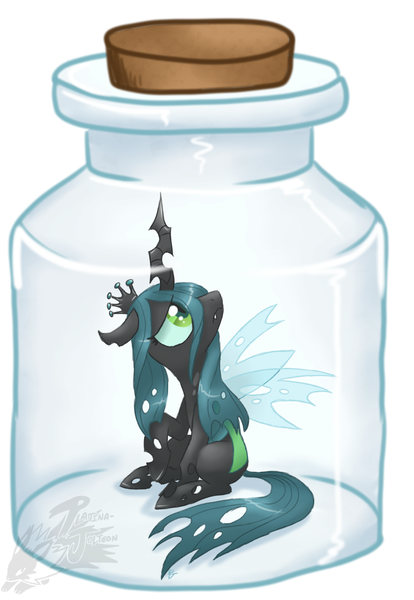 Size: 1059x1533 | Tagged: safe, artist:mahoxyshoujo, derpibooru import, queen chrysalis, changeling, changeling queen, bottle, female, image, implied cum jar, jar, looking up, png, sad, signature, sitting, trapped