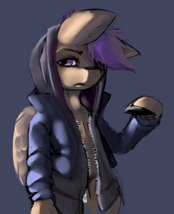 Size: 250x308 | Tagged: safe, artist:lanta, derpibooru import, scootaloo, pony, bipedal, clothes, hoodie, one eye closed, solo