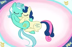 Size: 2177x1409 | Tagged: safe, artist:willisninety-six, derpibooru import, bon bon, lyra heartstrings, sweetie drops, blushing, cuddling, female, lesbian, lyrabon, shipping, snuggling