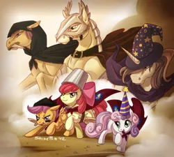 Size: 700x631 | Tagged: safe, artist:shinepawpony, derpibooru import, apple bloom, scootaloo, sweetie belle, earth pony, pegasus, pony, unicorn, adventuring party, armor, bucket, bucket helmet, cape, cloak, clothes, costume, cutie mark crusaders, dagger, fantasy class, female, filly, hat, helmet, imagination, knight, mage, mouth hold, paladin, party hat, raised hoof, rogue, roleplaying, sword, warrior, weapon, wizard hat, wooden sword