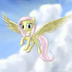 Size: 900x900 | Tagged: safe, artist:rule1of1coldfire, derpibooru import, fluttershy, pegasus, pony, cloud, female, flying, looking at you, mare, raised hoof, sky, smiling, solo, spread wings, three quarter view, wings