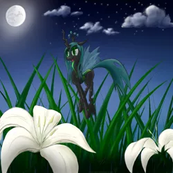 Size: 900x900 | Tagged: safe, artist:rule1of1coldfire, derpibooru import, queen chrysalis, changeling, changeling queen, buzzing wings, cloud, deviantart link, fangs, female, flower, flying, frown, image, jpeg, long tongue, moon, night, open mouth, signature, slit eyes, smiling, solo, starry night, stars, tiny, tongue out