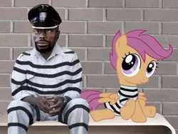 Size: 382x288 | Tagged: black overlord, clothes, derpibooru import, frown, human, irl, irl human, meme, photo, prison, prison outfit, safe, scootaloo