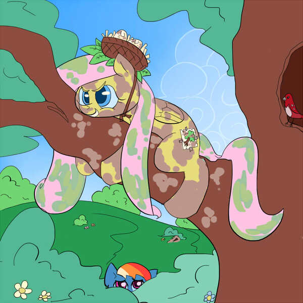 Size: 800x800 | Tagged: artist:silfidum, bird, camouflage, derpibooru import, dirty, disguise, egg, fluttershy, fluttertree, nest, rainbow dash, safe, tree