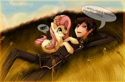 Size: 900x592 | Tagged: dead source, safe, artist:rendellstar, derpibooru import, fluttershy, human, pegasus, pony, code geass, crossover, cute, female, grass, lelouch vi britannia, looking up, mare, on back, open mouth, petting, prone, shyabetes, smiling, speech bubble, yay