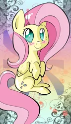 Size: 1090x1900 | Tagged: safe, artist:llamaswithkatanas, derpibooru import, fluttershy, pegasus, pony, abstract background, blushing, female, folded wings, hooves to the chest, looking at you, mare, no pupils, sitting, smiling, solo, three quarter view, wings