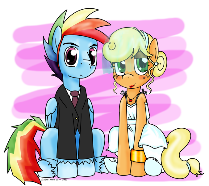 Size: 1732x1536 | Tagged: safe, artist:claireannecarr, derpibooru import, applejack, rainbow dash, alternate hairstyle, appleblitz (straight), appledash, applejack also dresses in style, blitzabetes, bracelet, clothes, cute, cutie mark necklace, dress, earring, female, half r63 shipping, jewelry, lipstick, looking at you, male, marriage, necklace, rainbow blitz, rule 63, rule63betes, shipping, sideburns, straight, suit, tuxedo, wedding, wedding dress, wedding veil