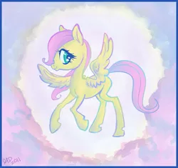 Size: 843x791 | Tagged: safe, artist:maiasoara, derpibooru import, fluttershy, pegasus, pony, female, filly, flying, profile, sky, smiling, solo, spread wings, wings