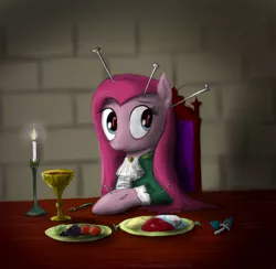 Size: 900x879 | Tagged: semi-grimdark, artist:rule1of1coldfire, derpibooru import, pinkie pie, rainbow dash, pony, candle, cannibalism, dead, food, grapes, horse meat, implied murder, meat, pinkamena diane pie, ponies eating meat, solo