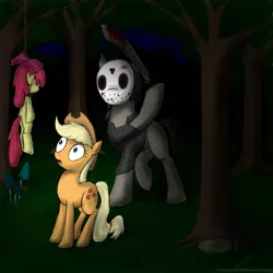 Size: 900x900 | Tagged: semi-grimdark, artist:rule1of1coldfire, derpibooru import, apple bloom, applejack, ponified, earth pony, pony, blood, dead, female, filly, friday the 13th, imminent death, jason voorhees, machete, mare, night, rope, tree, wide eyes