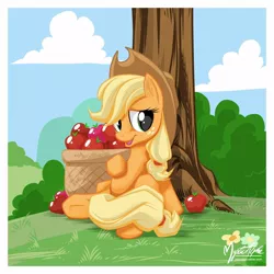 Size: 1052x1052 | Tagged: apple, applejack, artist:mysticalpha, basket, derpibooru import, food, safe, sitting, solo, tree