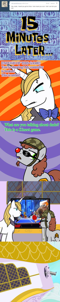 Size: 585x2925 | Tagged: safe, derpibooru import, prince blueblood, oc, oc:sarge sprinkles, earth pony, pony, unicorn, ask blueblood, chum caverns, comic, defenestration, duo, helmet, kinect, male, ponysona, red nose, spongebob time card, stallion, sunglasses, television, tumblr