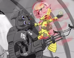 Size: 707x560 | Tagged: safe, artist:madhotaru, derpibooru import, oc, oc:puppysmiles, unofficial characters only, earth pony, pony, robot, fallout equestria, fallout equestria: pink eyes, fanfic, canterlot ghoul, fanfic art, female, filly, foal, gun, hazmat suit, hooves, machine gun, open mouth, pink cloud (fo:e), rock, rock of destiny, saddle bag, sentry bot, solo, teeth, weapon