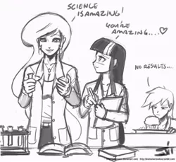 Size: 800x733 | Tagged: artist:johnjoseco, blushing, clothes, cute, derpibooru import, derpy hooves, dialogue, female, grayscale, human, humanized, lab coat, lesbian, monochrome, muffin, princess celestia, safe, science, shipping, smiling, that pony sure does love science, twilestia, twilight sparkle