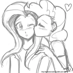 Size: 1280x1280 | Tagged: artist:johnjoseco, derpibooru import, female, flutterpie, fluttershy, grayscale, human, humanized, kissing, lesbian, monochrome, pinkie pie, safe, shipping