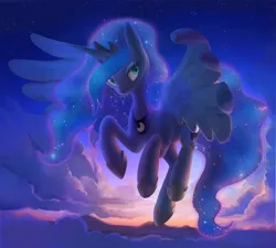 Size: 1650x1482 | Tagged: safe, artist:dawnfire, derpibooru import, princess luna, alicorn, pony, backlighting, cloud, cloudy, colored pupils, female, flying, jewelry, lidded eyes, looking at you, mare, regalia, sky, solo, spread wings, sunset, wing fluff, wings
