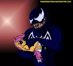 Size: 1178x1064 | Tagged: dead source, safe, artist:primogenitor34, derpibooru import, scootaloo, pony, bellyrubs, cute, cutealoo, holding a pony, spider-man, venom