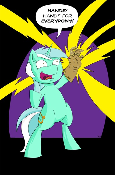 Size: 1200x1823 | Tagged: artist:prinnywesker, derpibooru import, hand, infinity gauntlet, lyra heartstrings, marvel, safe, that pony sure does love hands, xk-class end-of-the-world scenario