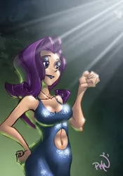 Size: 1000x1429 | Tagged: armpits, artist:phn, bedroom eyes, belly button, breasts, busty rarity, cleavage, clothes, crepuscular rays, curvy, derpibooru import, dress, eyeshadow, female, humanized, lipstick, rarity, safe, smiling, solo, source needed