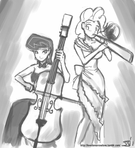 Size: 909x1000 | Tagged: artist:johnjoseco, derpibooru import, grayscale, human, humanized, monochrome, octavia melody, pinkie pie, safe