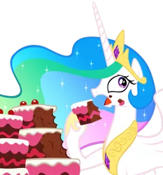 Size: 863x926 | Tagged: safe, derpibooru import, princess celestia, alicorn, pony, cake, cakelestia, d:, eating, female, frown, hoof hold, mare, messy eating, open mouth, simple background, solo, transparent background, vector, wide eyes