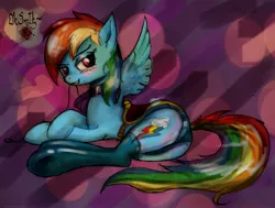 Size: 3146x2376 | Tagged: artist:il-phantom, clothes, collar, derpibooru import, female, high res, hooves, leash, panties, rainbow dash, saddle, socks, solo, solo female, suggestive, sultry pose, underwear