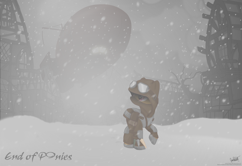 Size: 1701x1164 | Tagged: safe, artist:valhalla-studios, derpibooru import, scootaloo, pony, fanfic, fanfic:end of ponies, airship, apocalypse, armor, fanfic art, goggles, head turn, hood, looking away, ponyville, snow, snowfall, winter