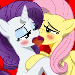 Size: 945x945 | Tagged: suggestive, artist:megasweet, derpibooru import, fluttershy, rarity, blushing, colored, female, flarity, french kiss, kissing, lesbian, shipping