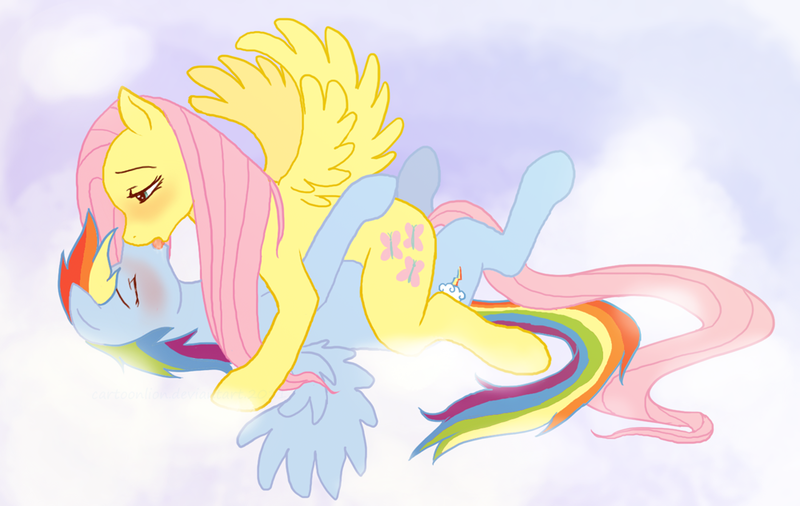 Size: 1000x633 | Tagged: suggestive, artist:cartoonlion, derpibooru import, ponibooru import, fluttershy, rainbow dash, cloud, cloudy, female, flutterdash, kissing, lesbian, on back, shipping, sloppy kissing, wingboner