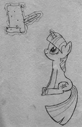 Size: 1519x2343 | Tagged: safe, artist:splitframe, derpibooru import, twilight sparkle, pony, unicorn, female, glowing horn, horn, magic, mare, newbie artist training grounds, pencil drawing, quill, scroll, sitting, smiling, solo, telekinesis, traditional art, unicorn twilight, writing