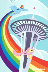 Size: 533x800 | Tagged: artist:alienfirst, contrail, derpibooru import, fluttershy, rainbow dash, safe, seaddle, seattle, space needle