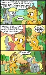 Size: 554x900 | Tagged: safe, artist:spainfischer, derpibooru import, applejack, derpy hooves, earth pony, pegasus, pony, apple, apple tree, comic, derp, derpy being derpy, dialogue, duo, english, female, helping, how, humor, mare, open mouth, orchard, outdoors, pineapple, proud, random, shocked, smiling, speech bubble, spread wings, startled, surprised, talking, tree, wat, wings, working