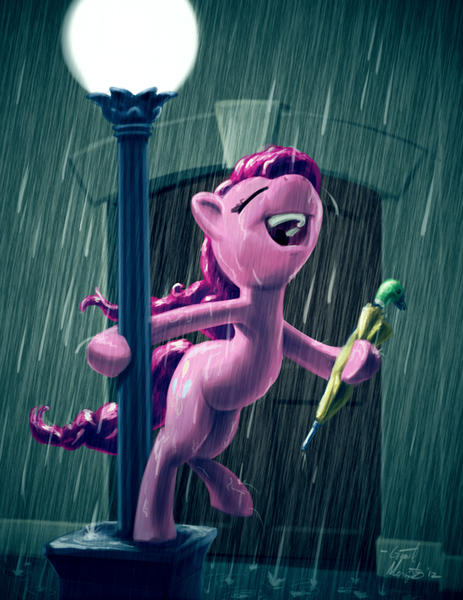 Size: 638x826 | Tagged: artist:giantmosquito, derpibooru import, parody, pinkie pie, rain, safe, singing, singin' in the rain, streetlight, umbrella, wip