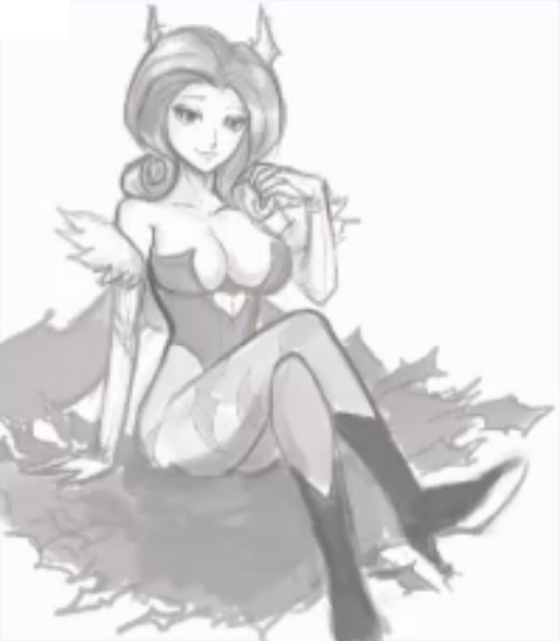 Size: 513x587 | Tagged: artist:johnjoseco, breasts, busty rarity, cleavage, clothes, cosplay, costume, crossed legs, darkstalkers, derpibooru import, female, grayscale, high heel boots, human, humanized, lowres, monochrome, morrigan aensland, rarity, solo, solo female, suggestive