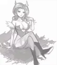 Size: 513x587 | Tagged: artist:johnjoseco, breasts, busty rarity, cleavage, clothes, cosplay, costume, crossed legs, darkstalkers, derpibooru import, female, grayscale, high heel boots, human, humanized, lowres, monochrome, morrigan aensland, rarity, solo, solo female, suggestive