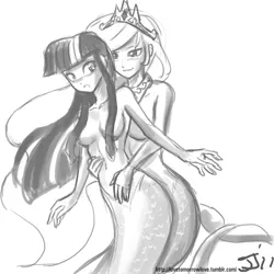 Size: 1280x1280 | Tagged: artist:johnjoseco, belly button, breasts, derpibooru import, female, godiva hair, grayscale, lesbian, mermaid, mermaidized, mermaid lovers, monochrome, nudity, princess celestia, sealestia, shipping, source needed, strategically covered, suggestive, twilestia, twilight sparkle