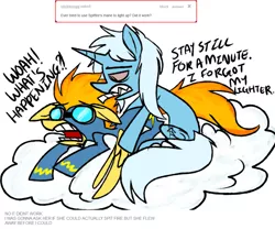 Size: 1053x877 | Tagged: safe, artist:ghost, derpibooru import, spitfire, trixie, pegasus, pony, unicorn, ask trixie, ask, ask-stoned-trixie, bloodshot eyes, cloud, drugs, duo, joint, marijuana, stoned trixie, tumblr