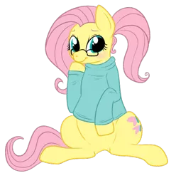 Size: 492x496 | Tagged: artist:lulubell, bottomless, clothes, derpibooru import, featureless crotch, fluttershy, glasses, partial nudity, safe, simple background, solo, sweater, sweatershy, transparent background