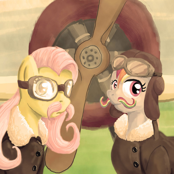 Size: 1000x1000 | Tagged: artist:muffinshire, derpibooru import, fluttershy, goggles, mousdash, moustache, plane, rainbow dash, safe