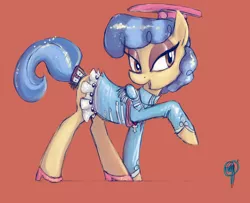 Size: 1288x1048 | Tagged: safe, artist:uber-tastee, derpibooru import, sapphire shores, earth pony, pony, clothes, eyeshadow, female, heels on a horse, high heels, looking at you, makeup, mare, open mouth, shoes, solo, the beatles