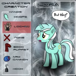 Size: 1280x1280 | Tagged: safe, artist:photonicsoup, derpibooru import, lyra heartstrings, pony, unicorn, cannon, female, hand, hook, sock puppet, solo