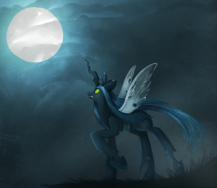 Size: 1615x1402 | Tagged: safe, artist:opheleus, derpibooru import, queen chrysalis, changeling, changeling queen, fangs, female, image, looking up, moon, night, png, raised hoof, slit eyes, smiling, solo, standing