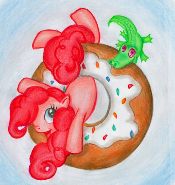 Size: 800x845 | Tagged: safe, artist:salahir, derpibooru import, gummy, pinkie pie, alligator, earth pony, pony, blue background, colored pencil drawing, donut, duo, female, food, giant food, hair over one eye, male, mare, simple background, traditional art