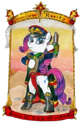 Size: 800x1196 | Tagged: safe, artist:salahir, derpibooru import, rarity, pony, bipedal, boots, clothes, coat, colored pencil drawing, commissar, commissar hat, dexterous hooves, female, hoof hold, human pose, laspistol, mare, shoes, solo, traditional art, warhammer (game), warhammer 40k