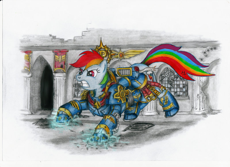 Size: 800x582 | Tagged: safe, artist:salahir, derpibooru import, rainbow dash, pony, armor, assault squad, colored pencil drawing, crossover, female, hidden wings, iron halo, mare, power armor, power fist, purity seal, solo, traditional art, warhammer (game), warhammer 40k